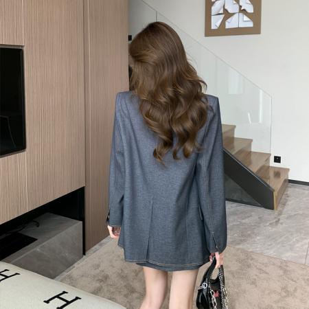 BY11722# 秋装新款通勤休闲牛仔西服外套A字半身裙两件套装女 服裝批發女裝批發服飾貨源