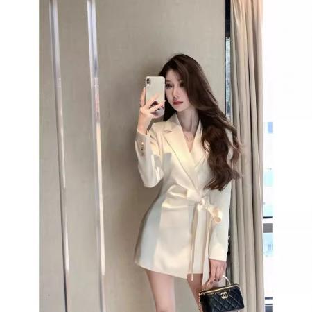 BY11723# 法式高级感气质缎面中长款西装外套女设计感绑带休闲西服春季新款 服裝批發女裝批發服飾貨源