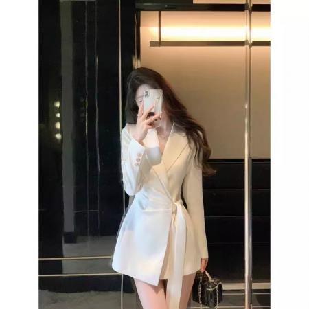 BY11723# 法式高级感气质缎面中长款西装外套女设计感绑带休闲西服春季新款 服裝批發女裝批發服飾貨源