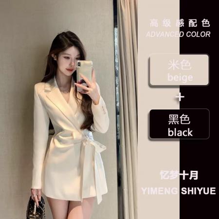 BY11723# 法式高级感气质缎面中长款西装外套女设计感绑带休闲西服春季新款 服裝批發女裝批發服飾貨源