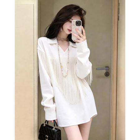 BY11725# 法式温柔风白色流苏长袖内搭女春季新款百搭减龄显瘦上衣 服裝批發女裝批發服飾貨源