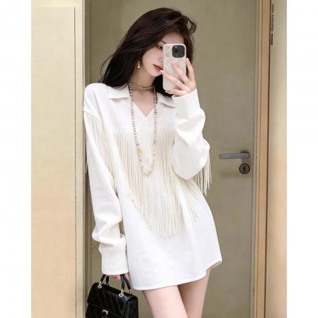 BY11725# 法式温柔风白色流苏长袖内搭女春季新款百搭减龄显瘦上衣 服裝批發女裝批發服飾貨源