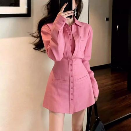 BY11727# 纯欲辣妹气质粉色衬衫连衣裙长袖女装春季新款收腰显瘦短裙子 服裝批發女裝批發服飾貨源