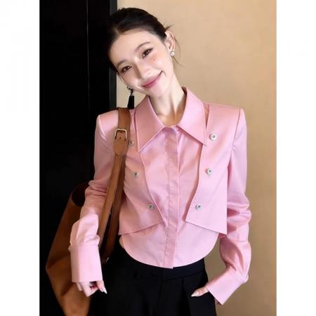 BY11728# 韩系chic洋气减龄高级感超好看上衣别致粉色Polo领长袖衬衫女春季 服裝批發女裝批發服飾貨源