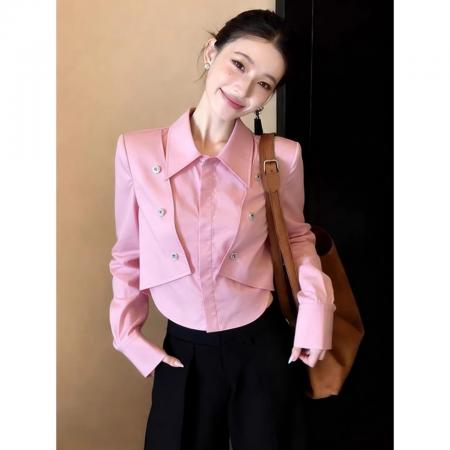 BY11728# 韩系chic洋气减龄高级感超好看上衣别致粉色Polo领长袖衬衫女春季 服裝批發女裝批發服飾貨源