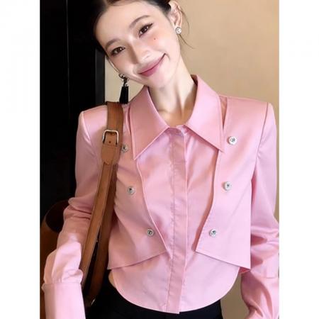 BY11728# 韩系chic洋气减龄高级感超好看上衣别致粉色Polo领长袖衬衫女春季 服裝批發女裝批發服飾貨源