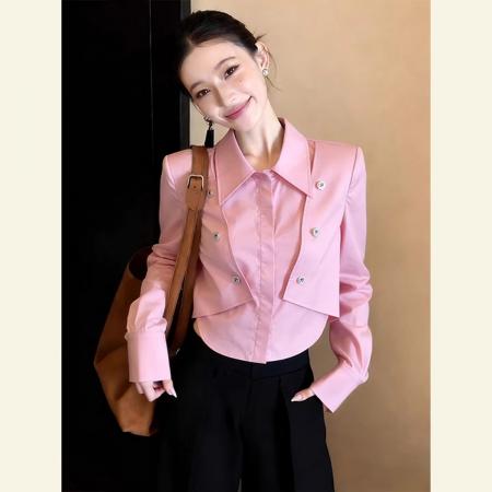 BY11728# 韩系chic洋气减龄高级感超好看上衣别致粉色Polo领长袖衬衫女春季 服裝批發女裝批發服飾貨源