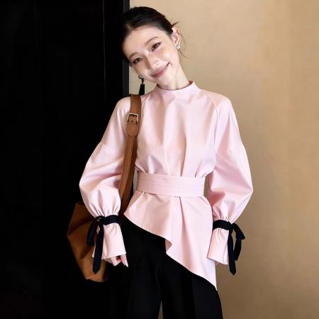 BY11729# 法式高级感粉色收腰衬衫女春季设计感小众减龄气质百搭上衣 服裝批發女裝批發服飾貨源