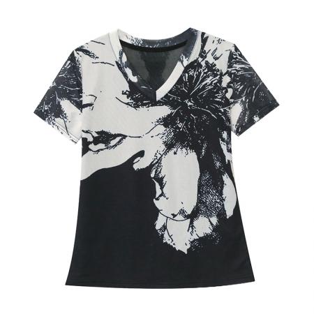 BY11735# 夏新款短袖定位印花V领网纱t恤女时尚修身显瘦打底衫潮 服裝批發女裝批發服飾貨源