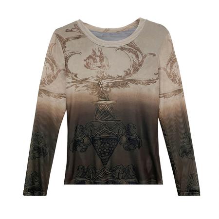 BY11736# 新款定位网纱印花圆领长袖t恤女时尚渐变修身打底衫潮 服裝批發女裝批發服飾貨源