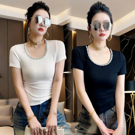 BY11737# 新款圆领短袖手工钉珠t恤女洋气上衣t恤女修身打底衫潮 服裝批發女裝批發服飾貨源