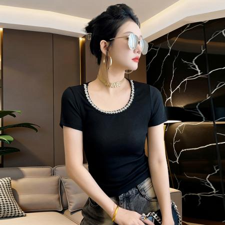 BY11737# 新款圆领短袖手工钉珠t恤女洋气上衣t恤女修身打底衫潮 服裝批發女裝批發服飾貨源