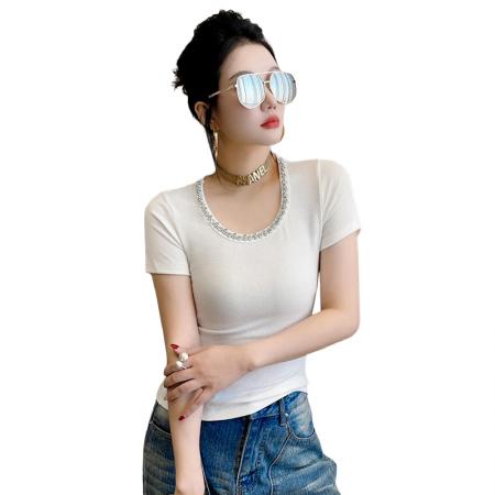 BY11737# 新款圆领短袖手工钉珠t恤女洋气上衣t恤女修身打底衫潮 服裝批發女裝批發服飾貨源
