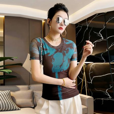 BY11738# 春夏新款定位网纱印花圆领短袖t恤女时尚修身打底衫潮 服裝批發女裝批發服飾貨源