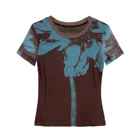 BY11738# 春夏新款定位网纱印花圆领短袖t恤女时尚修身打底衫潮 服裝批發女裝批發服飾貨源