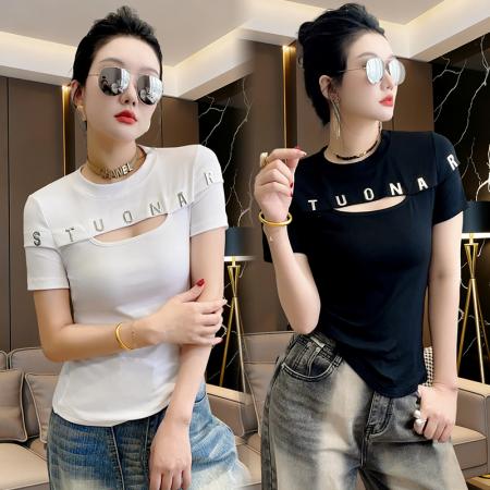 BY11739# 新款修身时尚圆领纯色字母拼接短袖洋气设计感T恤女打底衫 服裝批發女裝批發服飾貨源