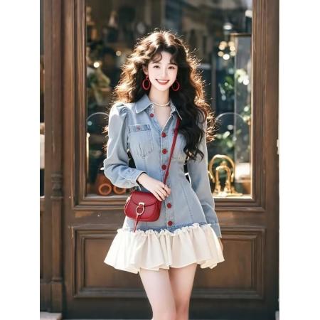 BY11741# 春季今年爆款超火短裙高级感超好看气质千金风牛仔拼接连衣裙 服裝批發女裝批發服飾貨源