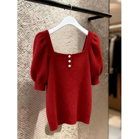 BY11743# 胖MM法式红色方领泡泡袖针织上衣女春季新款短袖百搭减龄通勤 服裝批發女裝批發服飾貨源