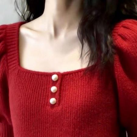 BY11743# 胖MM法式红色方领泡泡袖针织上衣女春季新款短袖百搭减龄通勤 服裝批發女裝批發服飾貨源