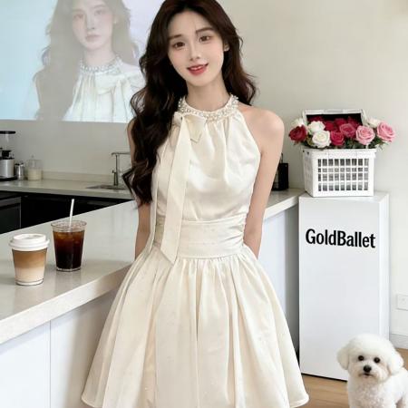 BY11744# 白月光初恋名媛千金收腰显瘦连衣裙女春气质减龄挂脖短裙子 服裝批發女裝批發服飾貨源