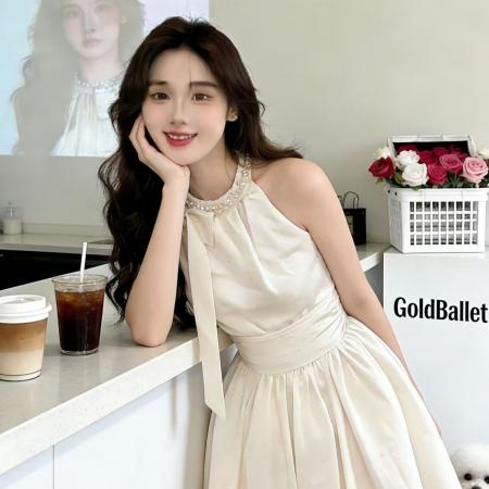 BY11744# 白月光初恋名媛千金收腰显瘦连衣裙女春气质减龄挂脖短裙子 服裝批發女裝批發服飾貨源