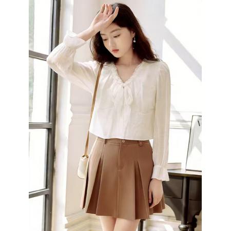 BY11745# 韩版chic轻熟时尚淑女气质带花边纯色长袖上衣 服裝批發女裝批發服飾貨源