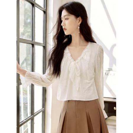 BY11745# 韩版chic轻熟时尚淑女气质带花边纯色长袖上衣 服裝批發女裝批發服飾貨源