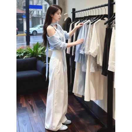 BY11748# 气质一整套ootd穿搭法式慵懒风紫色长袖衬衫阔腿裤两件套装春 服裝批發女裝批發服飾貨源