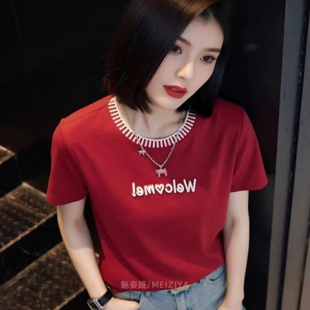 BY11749# 韩系复古字母刺绣短袖t恤女新款夏季设计感宽松上衣 服裝批發女裝批發服飾貨源