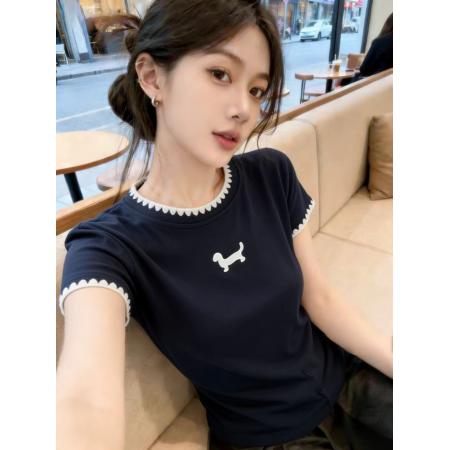 BY11751# 韩系小众设计感小狗短袖T恤夏季新款藏青色圆领上衣潮 服裝批發女裝批發服飾貨源
