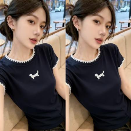 BY11751# 韩系小众设计感小狗短袖T恤夏季新款藏青色圆领上衣潮 服裝批發女裝批發服飾貨源