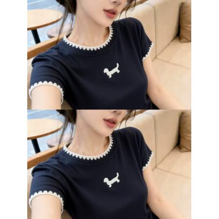 BY11751# 韩系小众设计感小狗短袖T恤夏季新款藏青色圆领上衣潮 服裝批發女裝批發服飾貨源