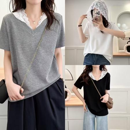 BY11752# 短袖T恤女夏季慵懒设计感小V领修身辣妹女装上衣 服裝批發女裝批發服飾貨源