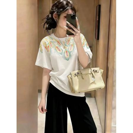 BY11754# 纯棉仿刺绣印花孔雀花纹短袖T恤宽松圆领上衣潮 服裝批發女裝批發服飾貨源