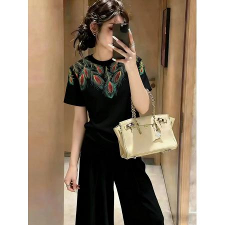 BY11754# 纯棉仿刺绣印花孔雀花纹短袖T恤宽松圆领上衣潮 服裝批發女裝批發服飾貨源