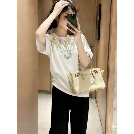 BY11754# 纯棉仿刺绣印花孔雀花纹短袖T恤宽松圆领上衣潮 服裝批發女裝批發服飾貨源