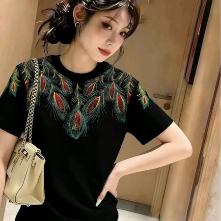 BY11754# 纯棉仿刺绣印花孔雀花纹短袖T恤宽松圆领上衣潮 服裝批發女裝批發服飾貨源