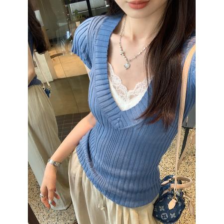 BY11758# 图独特V领短袖针织衫女夏季新款修身显瘦外穿绝美小上衣 服裝批發女裝批發服飾貨源