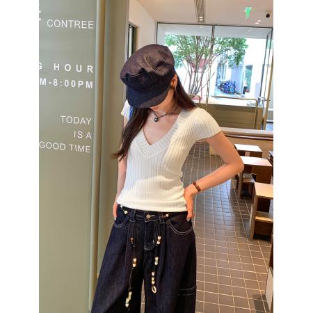 BY11758# 图独特V领短袖针织衫女夏季新款修身显瘦外穿绝美小上衣 服裝批發女裝批發服飾貨源