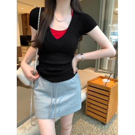 BY11758# 图独特V领短袖针织衫女夏季新款修身显瘦外穿绝美小上衣 服裝批發女裝批發服飾貨源