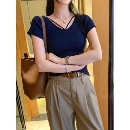 BY11759# 图辣妹性感御姐V领修身紧身短袖针织衫女夏季新款小上衣 服裝批發女裝批發服飾貨源