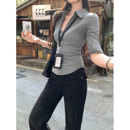 BY11760# 图设计感收腰显瘦翻领五分袖打底T恤女春季新款内搭上衣 服裝批發女裝批發服飾貨源