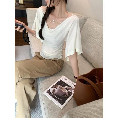 BY11761# 图一字肩荡领纯欲风蝙蝠袖T恤女夏新款温柔韩系短袖上衣 服裝批發女裝批發服飾貨源