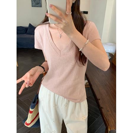 BY11762# 图韩系小众宽松V领短袖T恤女夏季新款超好看温柔独特上衣 服裝批發女裝批發服飾貨源