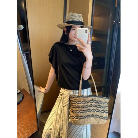 BY11763# 图设计感荷叶边蓝色短袖T恤女夏季新款绝美漂亮宽松上衣 服裝批發女裝批發服飾貨源