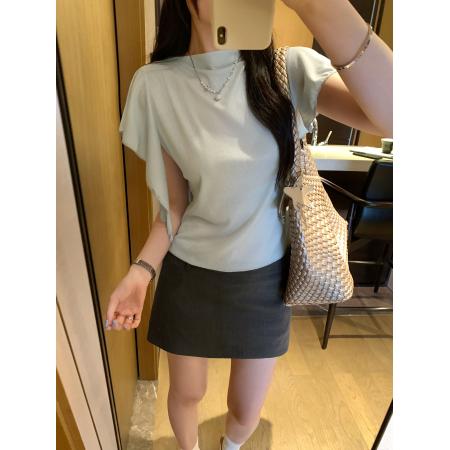 BY11763# 图设计感荷叶边蓝色短袖T恤女夏季新款绝美漂亮宽松上衣 服裝批發女裝批發服飾貨源