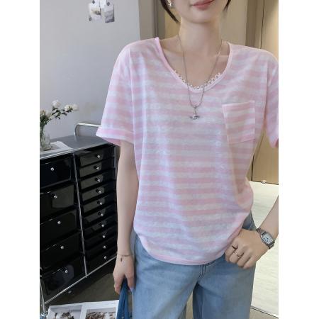 BY11766# 图多巴胺穿搭黄色条纹V领宽松短袖T恤女夏新款设计感上衣 服裝批發女裝批發服飾貨源