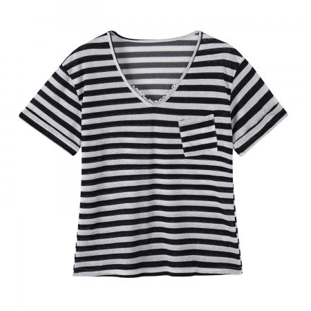 BY11766# 图多巴胺穿搭黄色条纹V领宽松短袖T恤女夏新款设计感上衣 服裝批發女裝批發服飾貨源