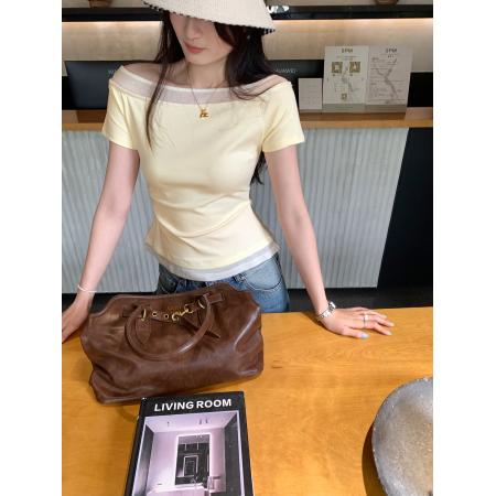 BY11767# 图超火减龄炸街独特漂亮一字肩粉色短袖T恤女夏新款露肩上衣 服裝批發女裝批發服飾貨源