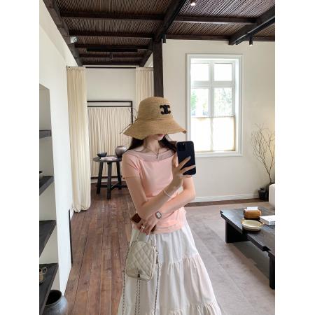BY11767# 图超火减龄炸街独特漂亮一字肩粉色短袖T恤女夏新款露肩上衣 服裝批發女裝批發服飾貨源
